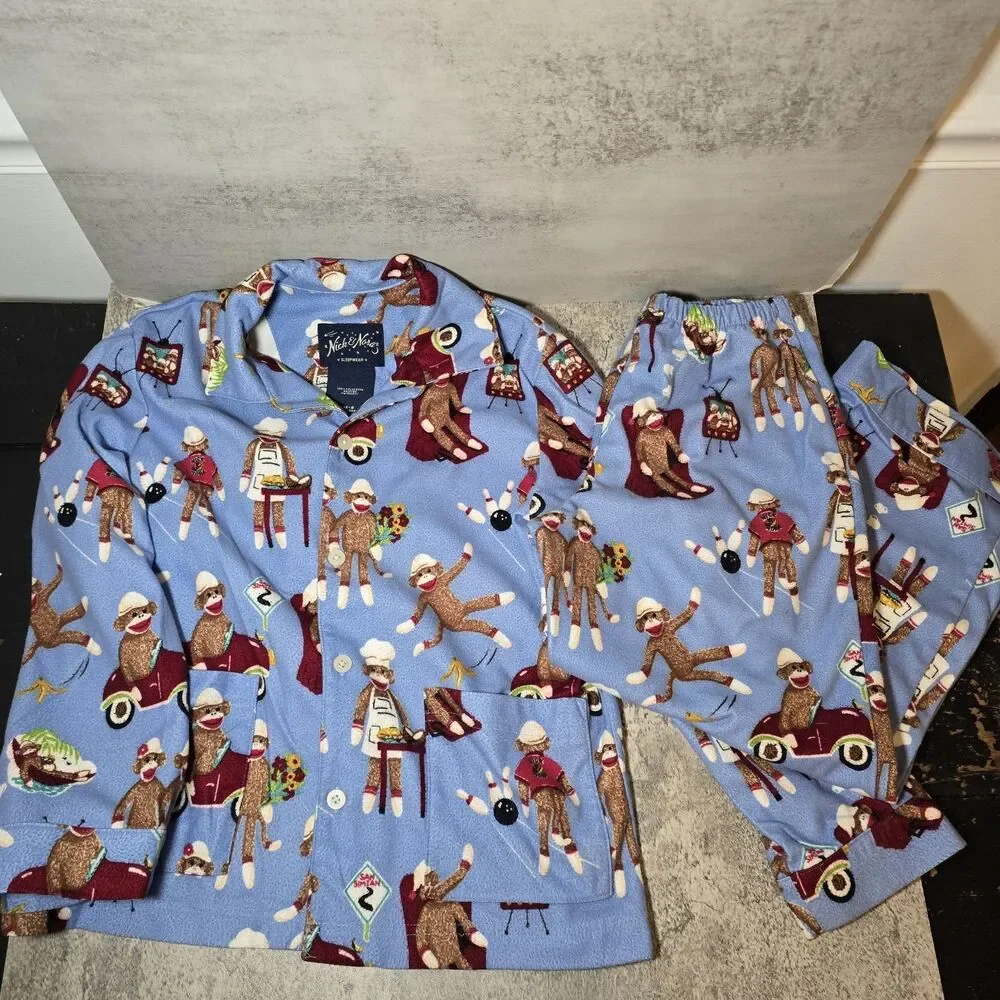 Nick & Nora Heavy Sock Monkey Couple Bowling Pajamas Set PJs Youth Sz 8  Medium